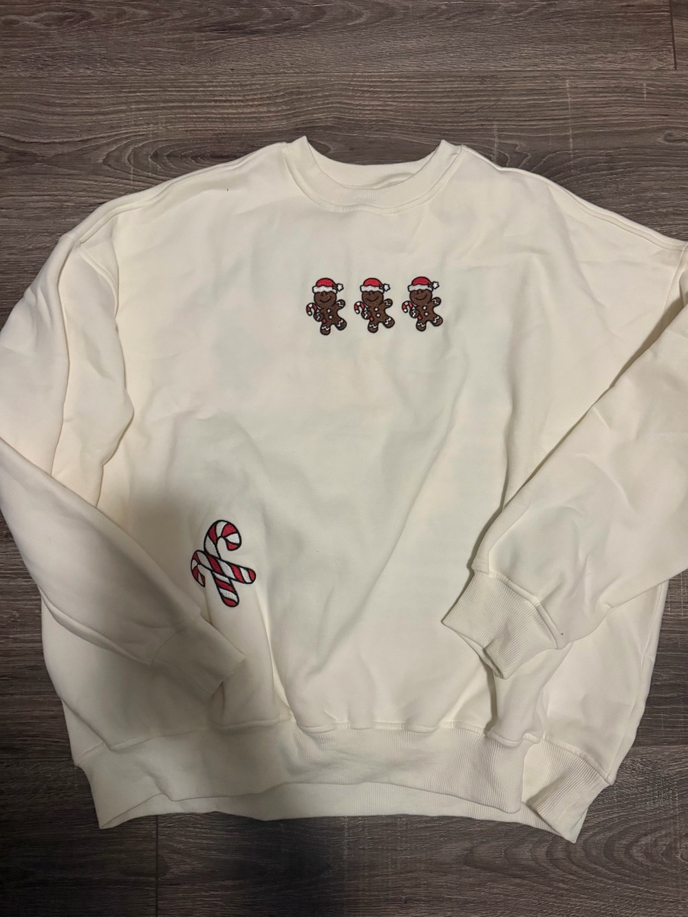 Ivory Crewneck Sweatshirt with Gingerbread & Candy Cane Motifs